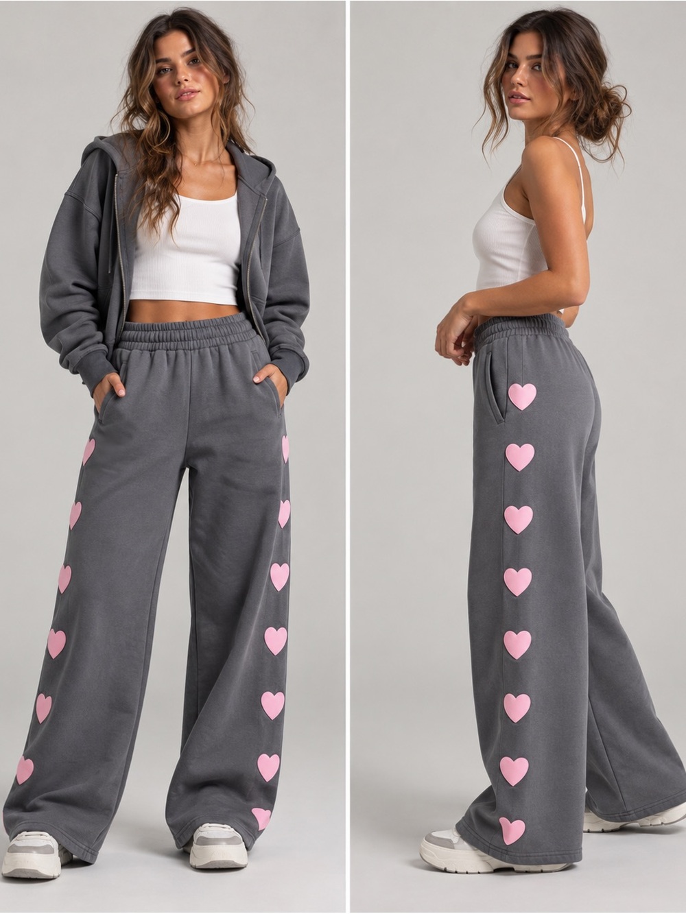 Unlike Humans Core Heart Wide Leg Fleece Sweatpants Castlerock Pink Size S